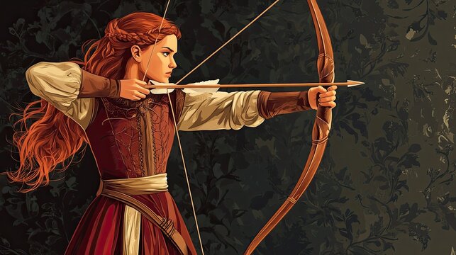 Red haired archer woman aiming with a longbow