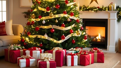 Beautifully Decorated Christmas Tree with Ornaments and Gifts in Cozy Living Room