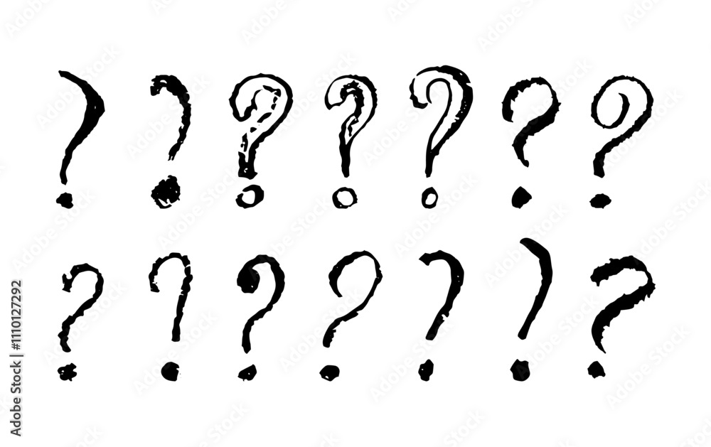 Poster question mark symbols set. black pencil school kid handwritten ask signs. icon collection to highlig