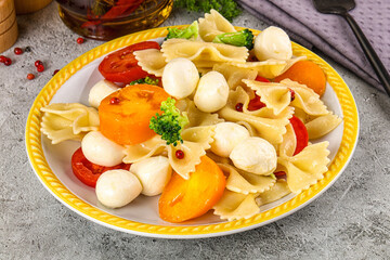 Pasta farfalle with mozzarella and tomato