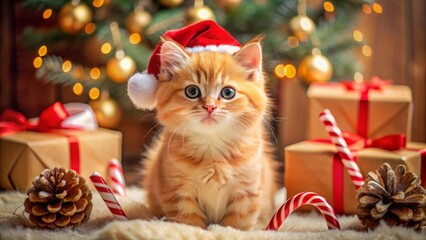 Cute kitty wearing in santa hat, adorable pet surrounded by a Christmas tree presents, sparkling lights and festive winter decorations