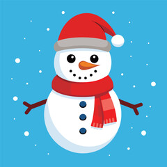 Fototapeta premium cute snowman wearing a Christmas hat and red scarf on blue background