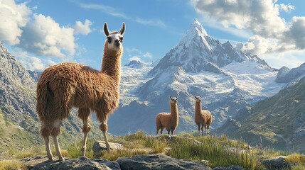 Llama Group of Lamas on Mountains

