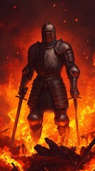 Fototapeta premium Fierce Knight in Dark Armor Standing Amidst Fiery Flames and Ashes
