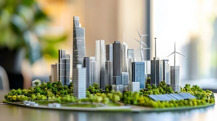 Fototapeta premium Futuristic city model showcasing innovative skyscrapers and eco-friendly design elements in a modern urban environment