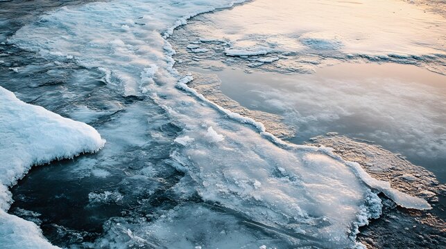 Frozen tundra landscape with layers of permafrost glistening under the soft light of sunset - Powered by Adobe