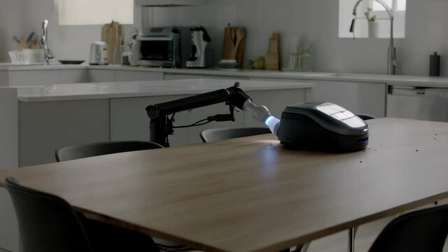 Conceptual video illustration of a robot with levitation system and mechanical arms cleaning a dining table at home.