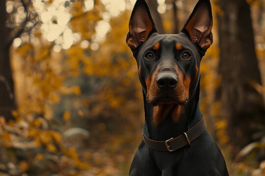 scary guard dog, dobberman pinscher guard dog brave guard dog breed, tall stocky body and has courage and loyalty for his master, close up photo