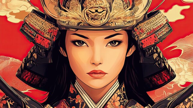 Elegant Woman Wearing Ornate Samurai Helmet