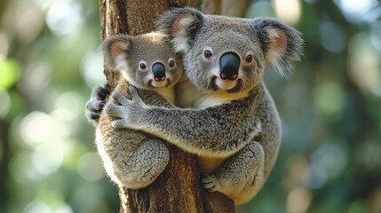 Obraz premium Mother Koala and Baby Clinging to Eucalyptus Tree