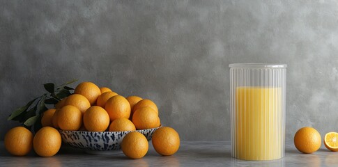 A bowl of oranges beside a pitcher of orange juice on a textured surface.