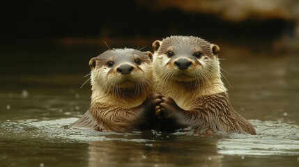 Otters Holding Hands in Tranquil River Scene