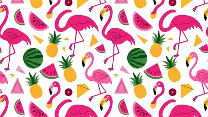 Flamingo seamless pattern on a background of tropical leaves. Popular background