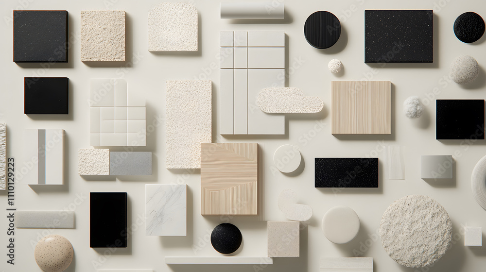 Poster a flat lay arrangement of various textured and colored geometric shapes on a neutral background, sho