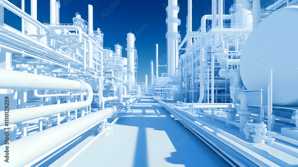 Aufkleber a futuristic industrial scene featuring a network of white pipes and structures against a blue sky, 