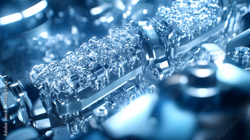 Poster a close-up view of a mechanical component, showcasing intricate details and reflective surfaces in a