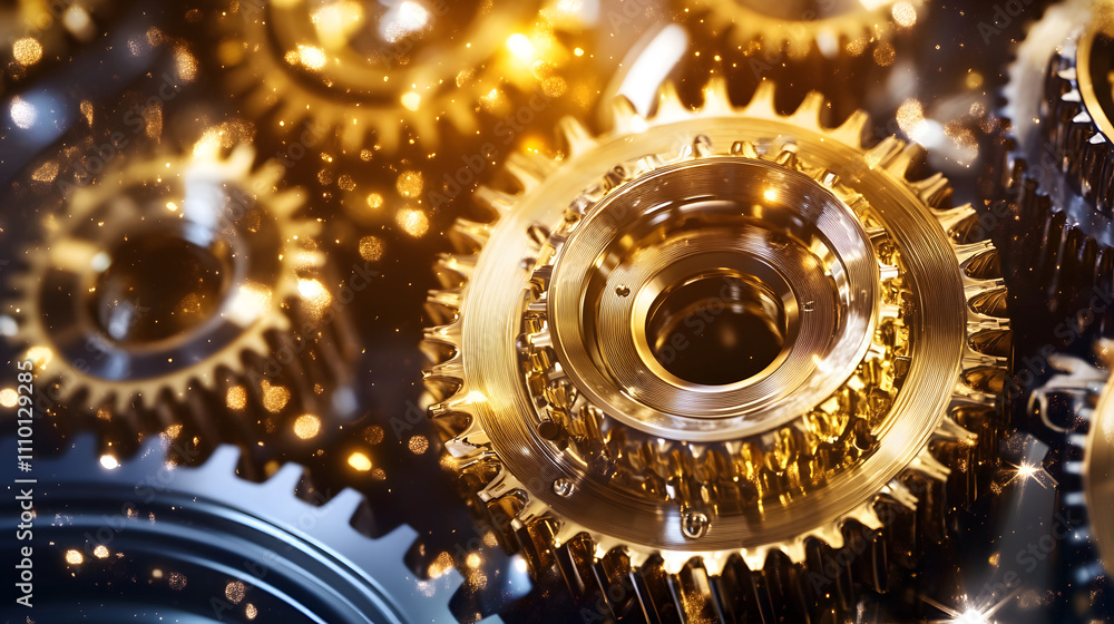 Poster A close-up of shining golden gears interlocked, showcasing intricate details and a mesmerizing play of light, representing precision and engineering