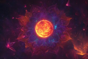 Obraz premium Fantasy flower. Abstract fractal mandala on black background. Digital artwork in purple and blue colors. 3D render. 