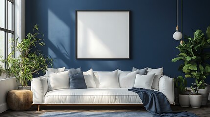 Minimalist dark navy wall with frame mockup in a modern living room, neutral decor