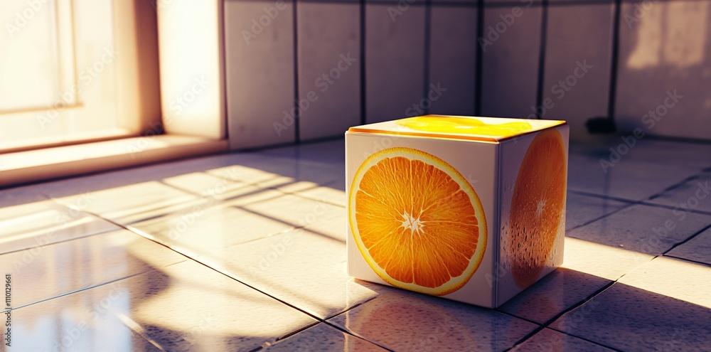 Poster a cube with an orange slice design, illuminated by sunlight in a tiled room.