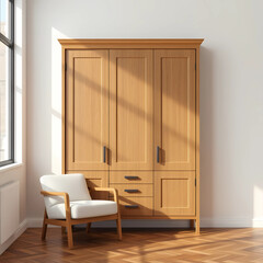 Interior with wooden cabinet and armchair 3d rendering