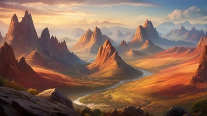 Fototapeta premium Majestic rainbow-colored mountains bathed in the warm light of the rising sun, showcasing vivid layered rocks and a vast, expansive landscape --ar 3:2 --v 4