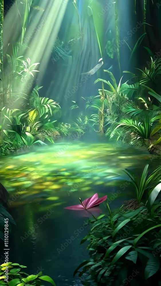 Poster tranquil rainforest pool surrounded by vibrant greenery and soft sunlight filtering through the tree
