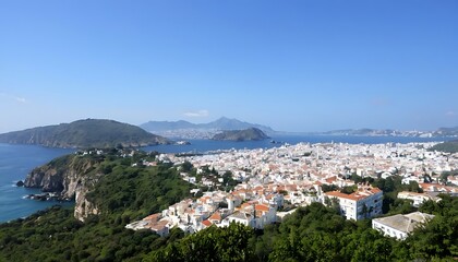 Obraz premium Coastal Cityscape Aegean Sea. Island Views. Whitewashed Houses. Lush Greenery Sea and surrounding islands under a clear blue sky. Whitewashed houses dominate the landscape.