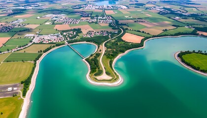 Aerial View of Serene Lake Peninsula and Rural Landscape. The waters color is striking against the greenery.