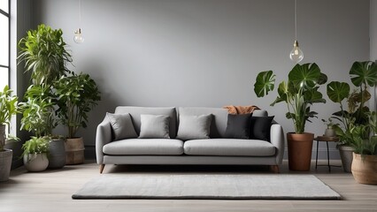  The loft-style living room features a comfortable grey sofa, carpet, and potted