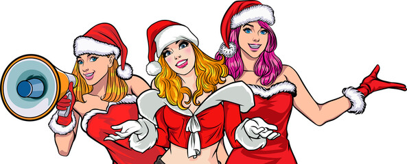 Merry christmas, happy new year Santa Claus and Beautiful woman showing pop art comics style © comicstocks