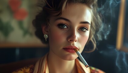 Fototapeta premium Candid portrait of a young woman smoking vintage setting lifestyle photography intimate atmosphere close-up view reflecting inner emotions