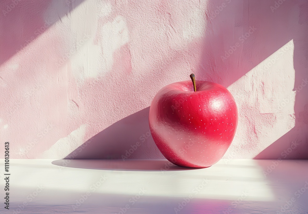 Poster a fresh red apple stands alone against a soft pink background with dramatic shadows highlighting its