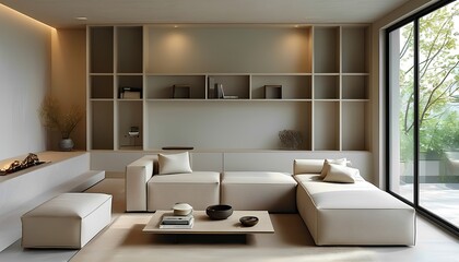 Fototapeta premium Modern minimalist living room design urban apartment interior decor bright and open space contemporary aesthetics