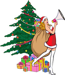 Merry christmas, happy new year Santa Claus and Beautiful woman showing pop art comics style