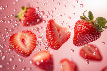 strawberries floating mid-air water droplets pink background freshness juicy fruits whole cut half dynamic food composition produce edible organic diet marketing advertising farmers market recipe