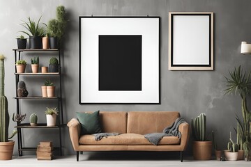 Interior design of living room with black poster mock up frame, shelf, cacti, plant, books, photo camera, wooden ladder and elegant personal accessoreis. Grunge wall. Stylish home decor