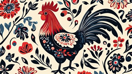 Fototapeta premium Ornate Rooster Amidst Vibrant Floral Design