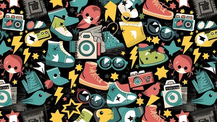 Fototapeta premium Cute grunge abstract pattern. Seamless pattern with shoes, photo cameras, glasses, stars, thunders and birds. Fun pattern for children or teenagers.
