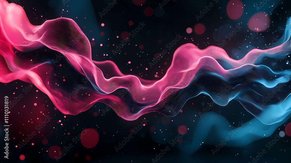 Poster the image contains pink and blue luminescent wave-like forms on a dark background with bokeh.