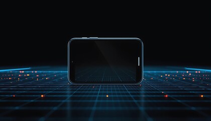 Modern Smartphone Technology Futuristic Digital Network Interface."A sleek smartphone rests on a gridded surface glowing with digital data points. Dark background."