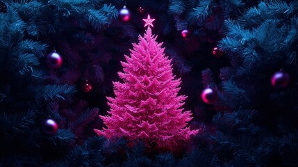 Fototapeta premium Vibrant Pink Christmas Tree Surrounded by Blue and Purple Christmas Ornaments and Pine Branches in a Festive Setting