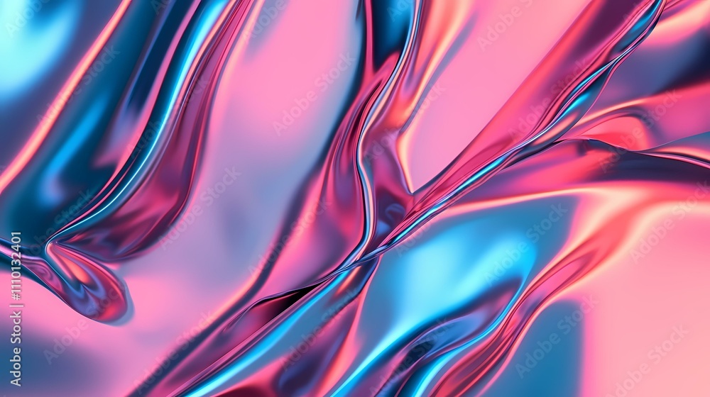 Poster the image contains an abstract rendering of flowing, iridescent fabric or liquid in shades of pink a