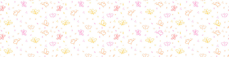 Fototapeta premium Seamless pattern with handdrrawn butterflies. Contour drawn cute moth insect background. Doodle scribble hearts and butterfly, children style drawing. Nature classy vector repeating color pattern.