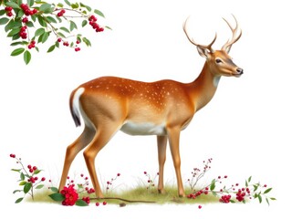 Fototapeta premium A serene stock photo featuring a deer surrounded by vibrant berries on a clean white background, serene, deer, fauna