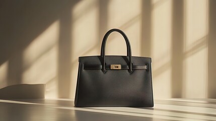 Stylish dark gray leather handbag on white surface with sunlight.