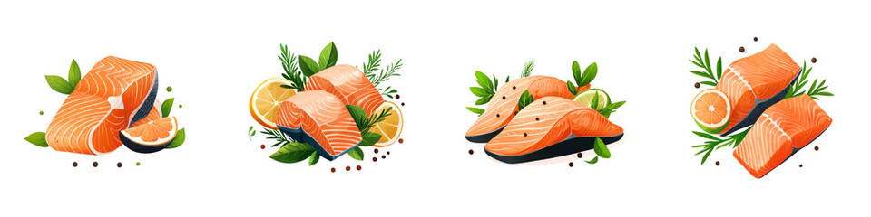 Flat style illustration of salmon fillets, isolated on a white background. Collection PNG.
