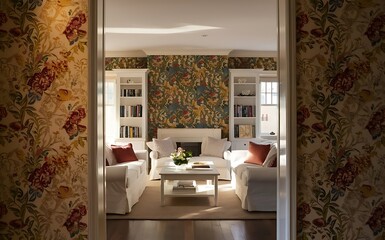 Home interior with flowery wallpaper and white furniture