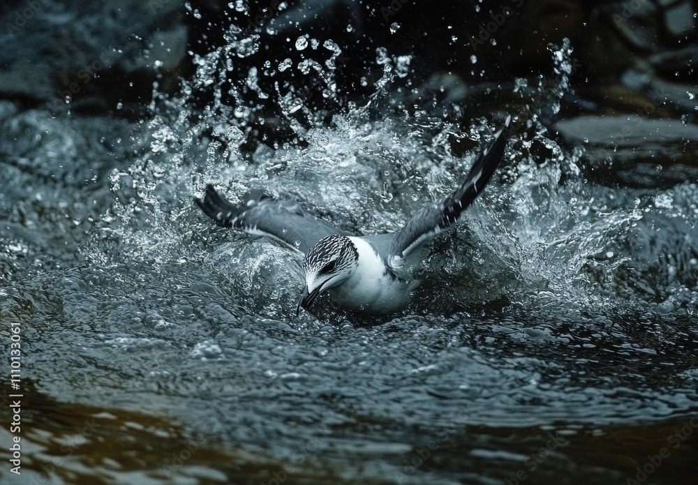 Poster a majestic bird splashes into water with wings outstretched, creating dynamic waves and droplets in 