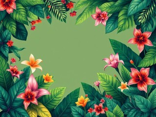 A vibrant array of tropical rainforest leaves and flowers creating a lush frame for generative AI illustrations, tropical, botanical, illustrations